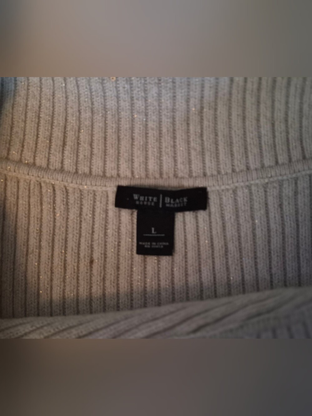 White House Black Market Cream Ribbed Crew Sweater with Metallic Accents